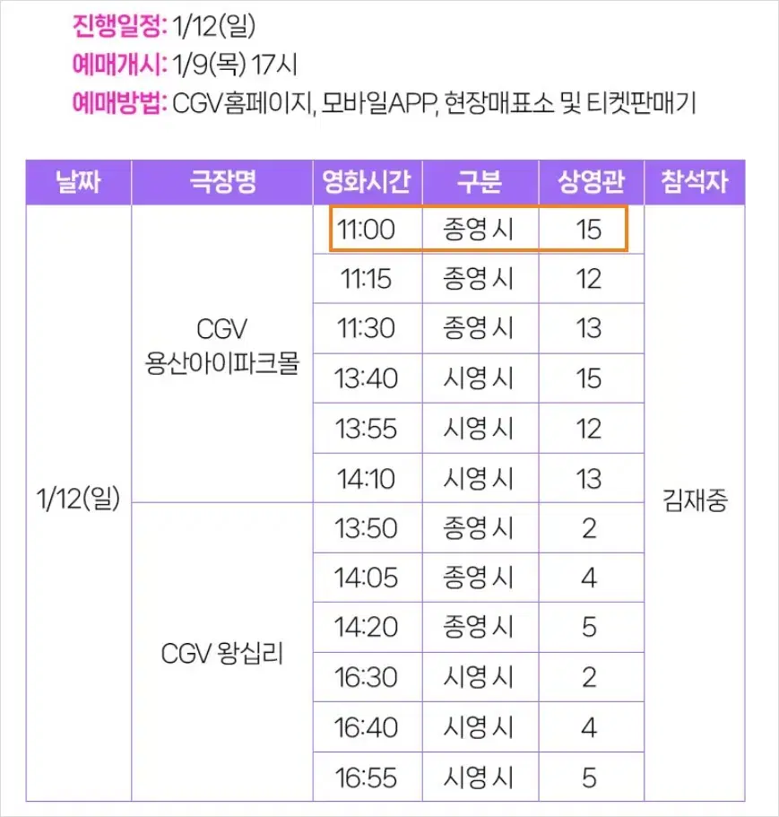 1/12 용산 김재중 무대인사 단석